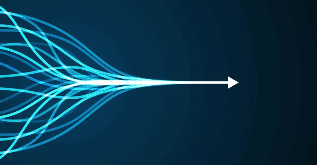 White arrow formed by merging light streams on dark background.